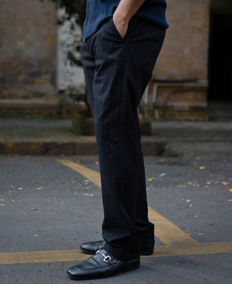 Black Stripe Regular Fit Cotton Pants