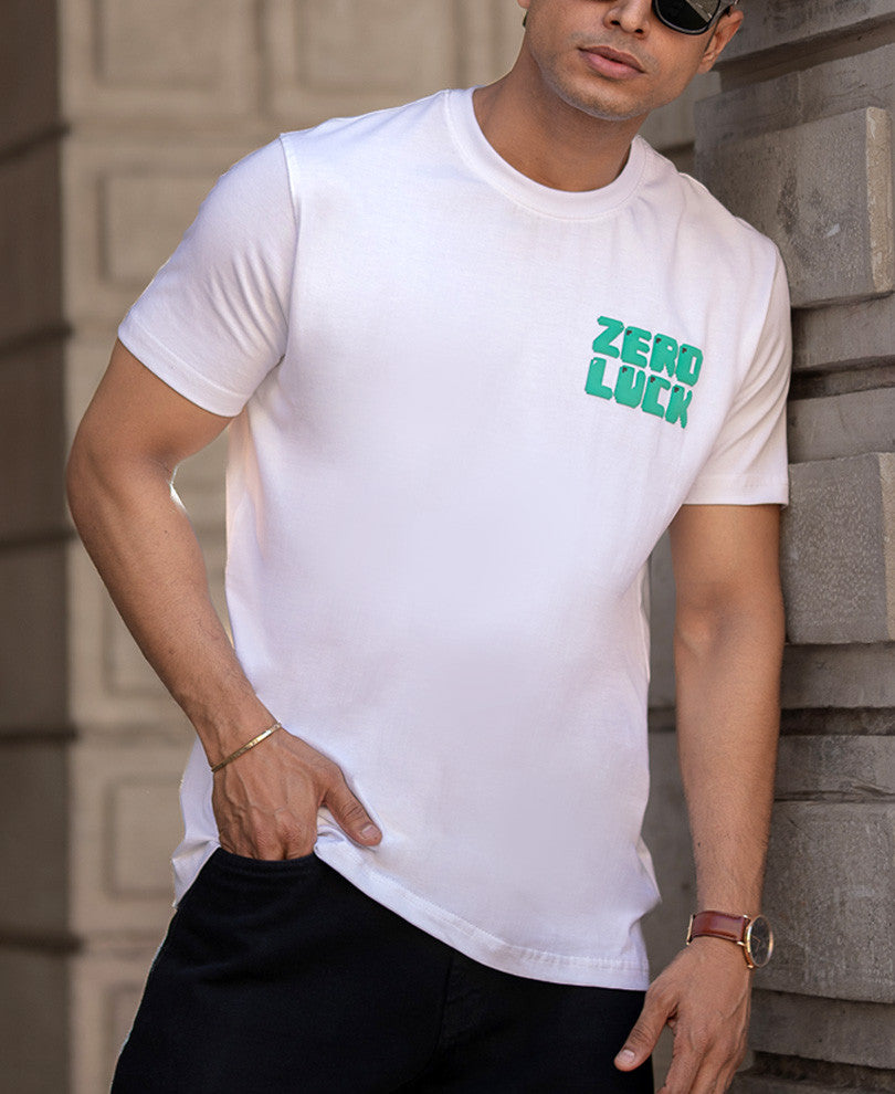 White Zero Luck Print Regular Fit Half Sleeves T-Shirt