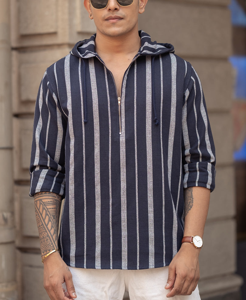Blue And White Stripes Regular Fit Full Sleeves Hoodie Shirt