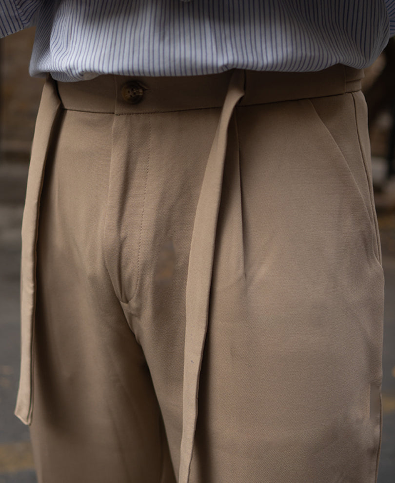Beige Pleated Trousers With Belt