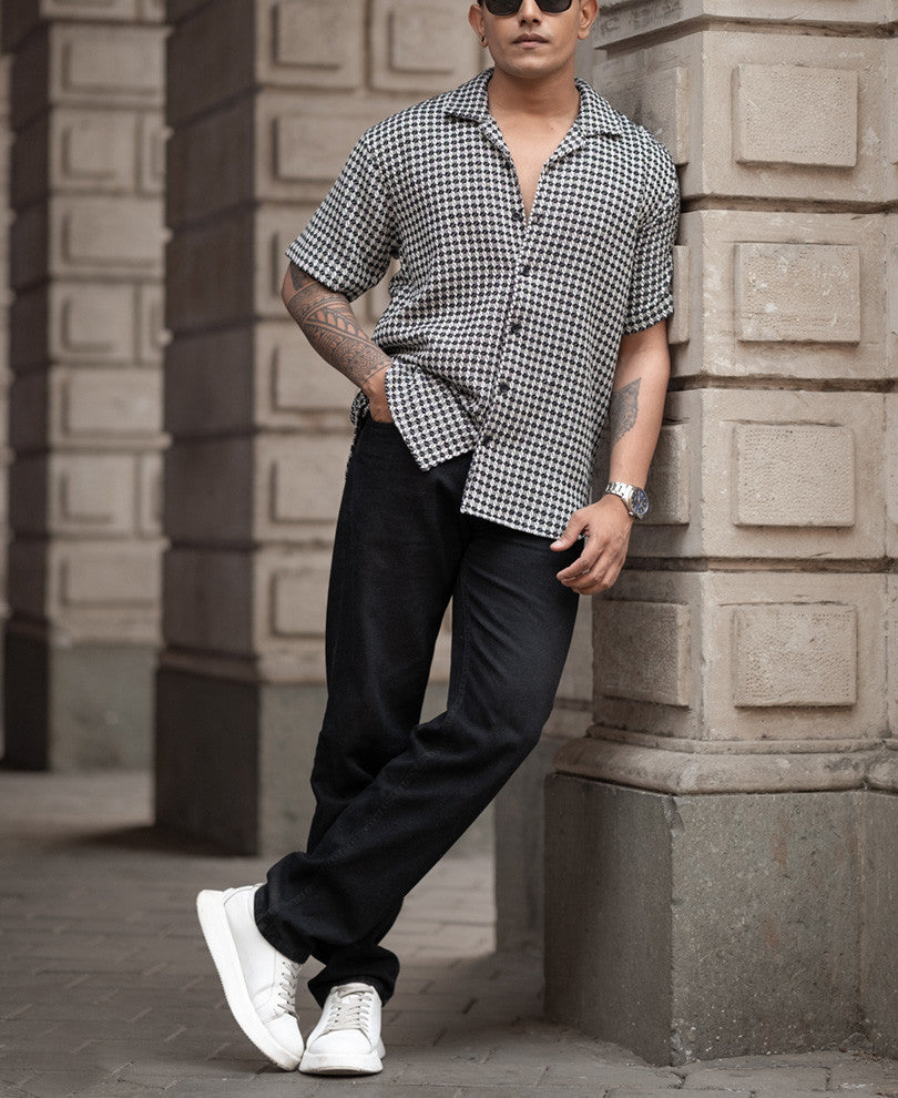 Black And White Structured Regular Fit Half Sleeves Shirt