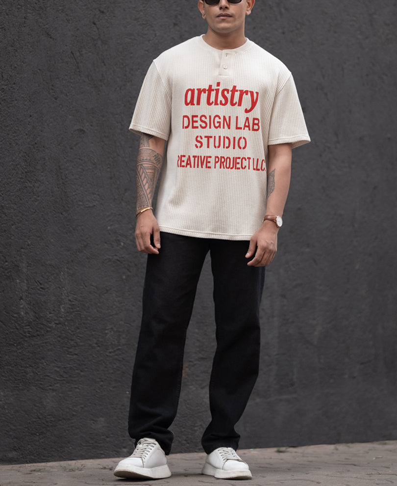 Cream Structured Printed Regular Fit Half Sleeves T-Shirt