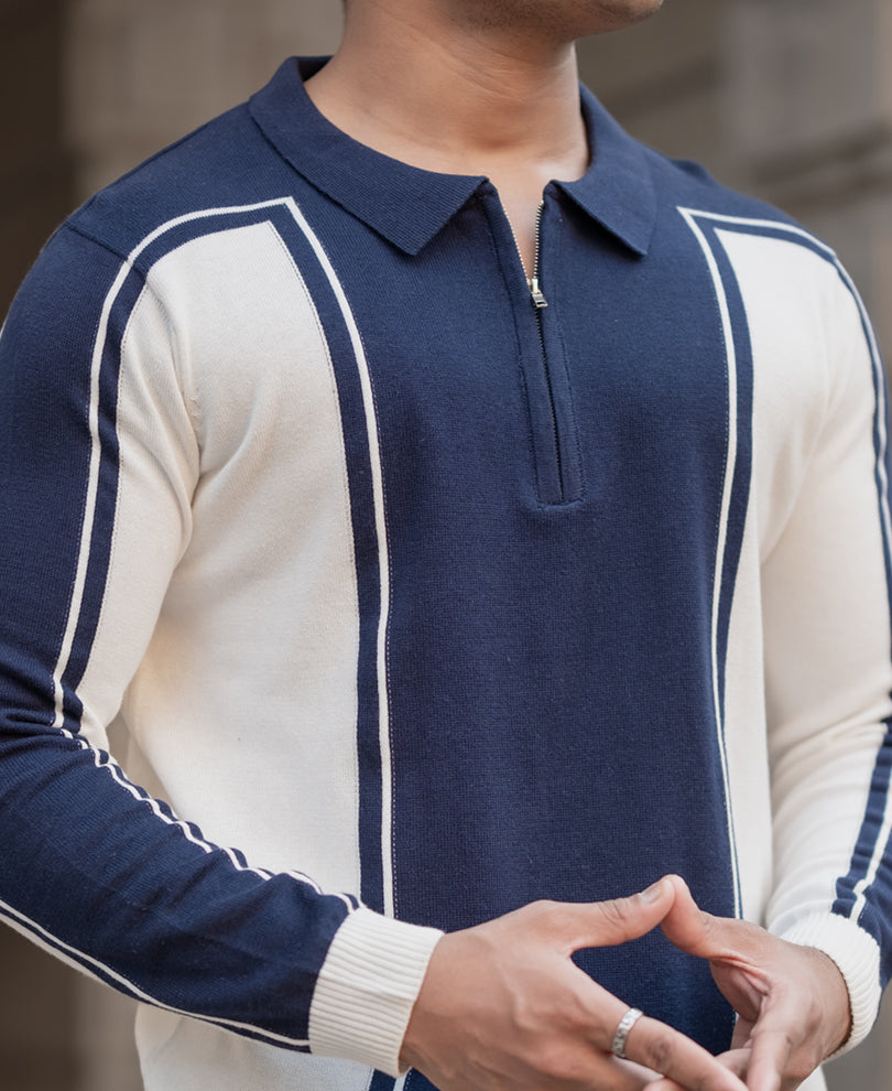 Navy-White Colour Blocked Polo T-Shirt