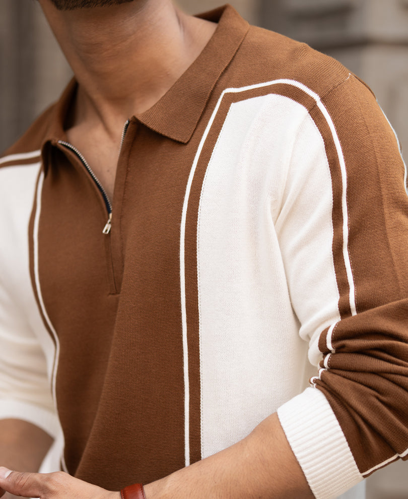 Brown-White Colour Blocked Polo T-Shirt