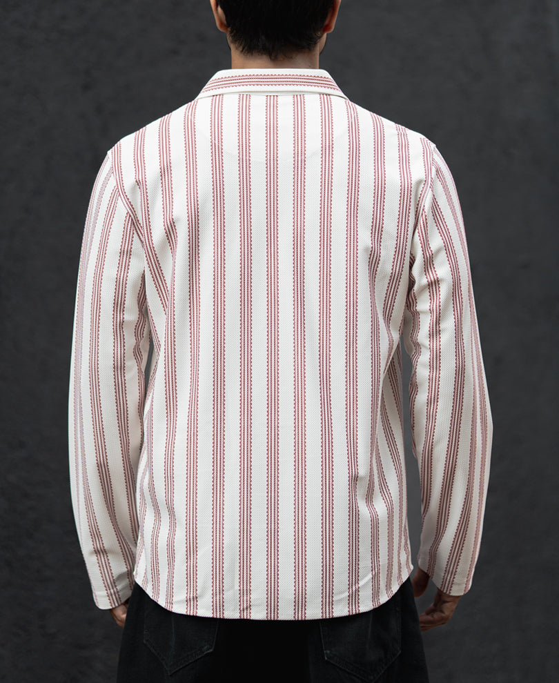Off-White And Maroon Striped Regular Fit Full Sleeves Shirt
