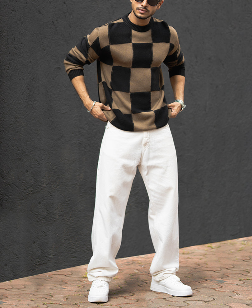 Black And Brown Checks Regular Fit Full Sleeves T-Shirt
