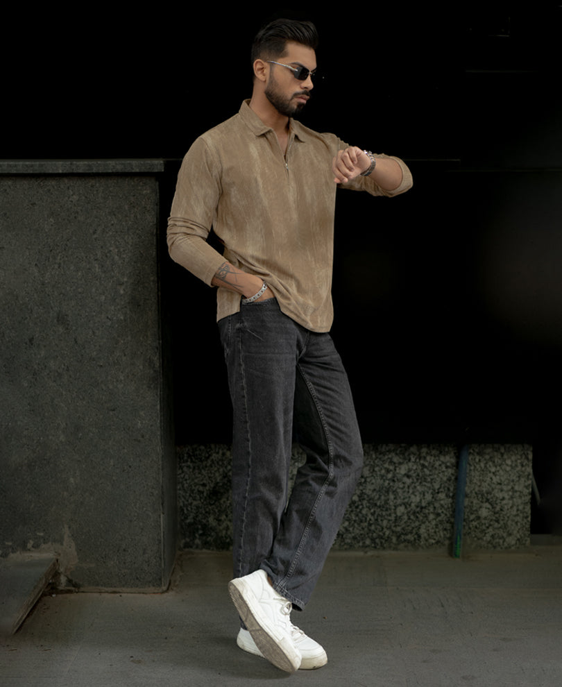 Beige Regular Fit With Zip Full Sleeves T-Shirt