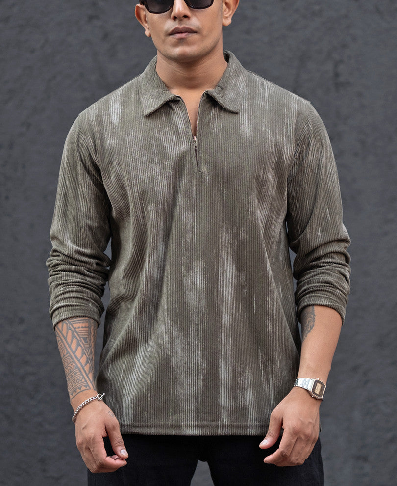 Olive Structured Full Sleeves Regular Fit T-Shirt