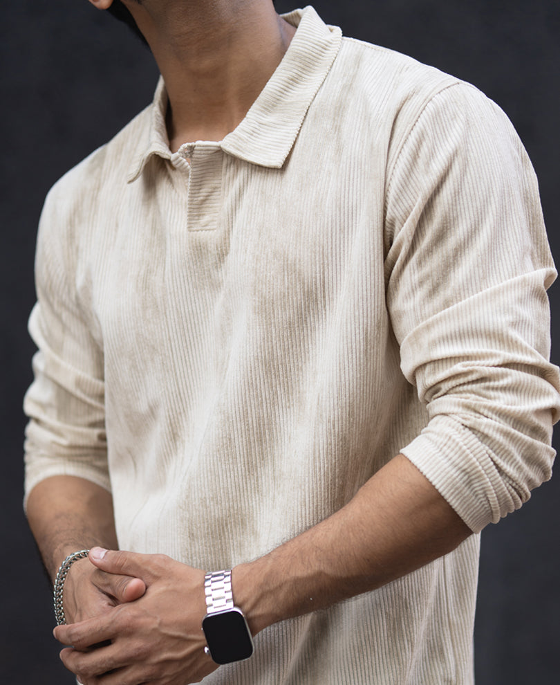Cream Structured Regular Fit Full Sleeves T-Shirt