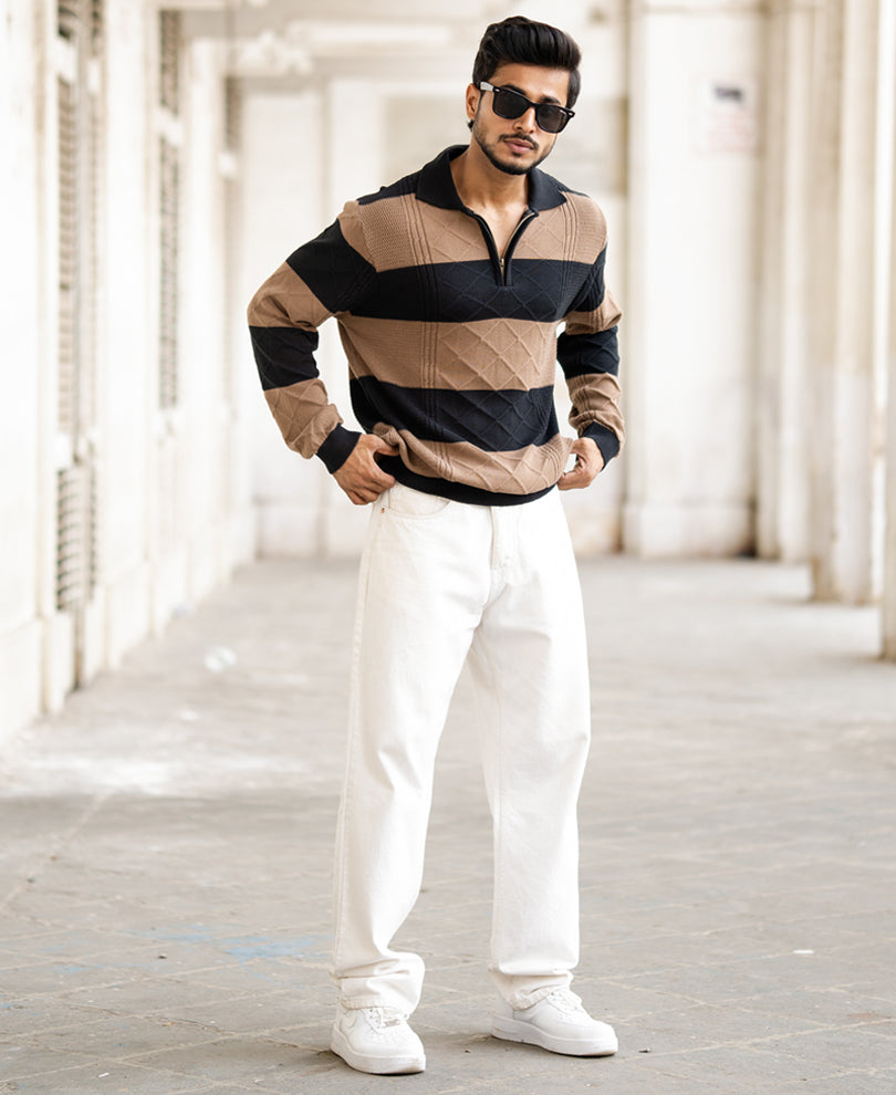 Black And Brown Regular Fit Full Sleeves T-Shirt