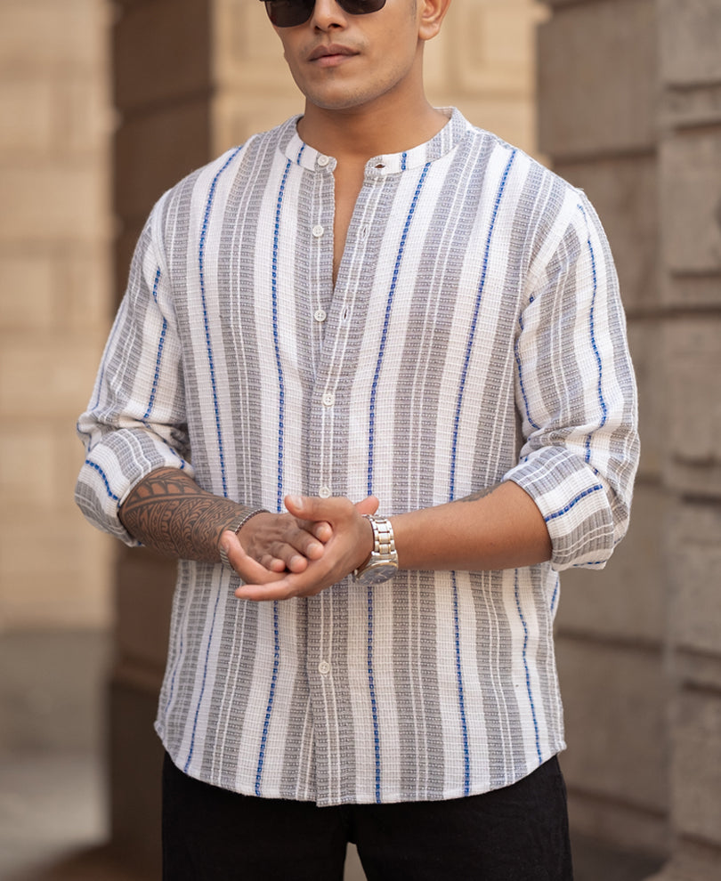 White And Grey Stripes Regular Fit Full Sleeves Shirt