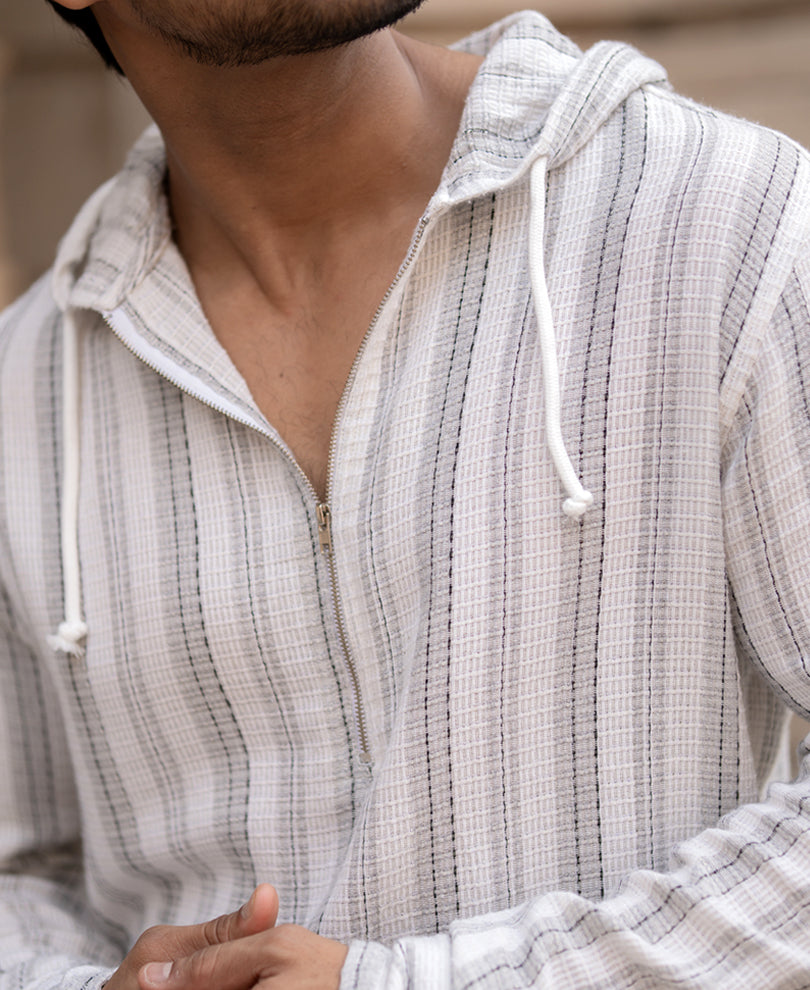Grey Structured Stripe Hoodie Shirt