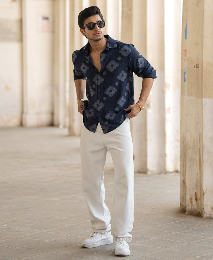 Navy Geometric Jacquard Shirt