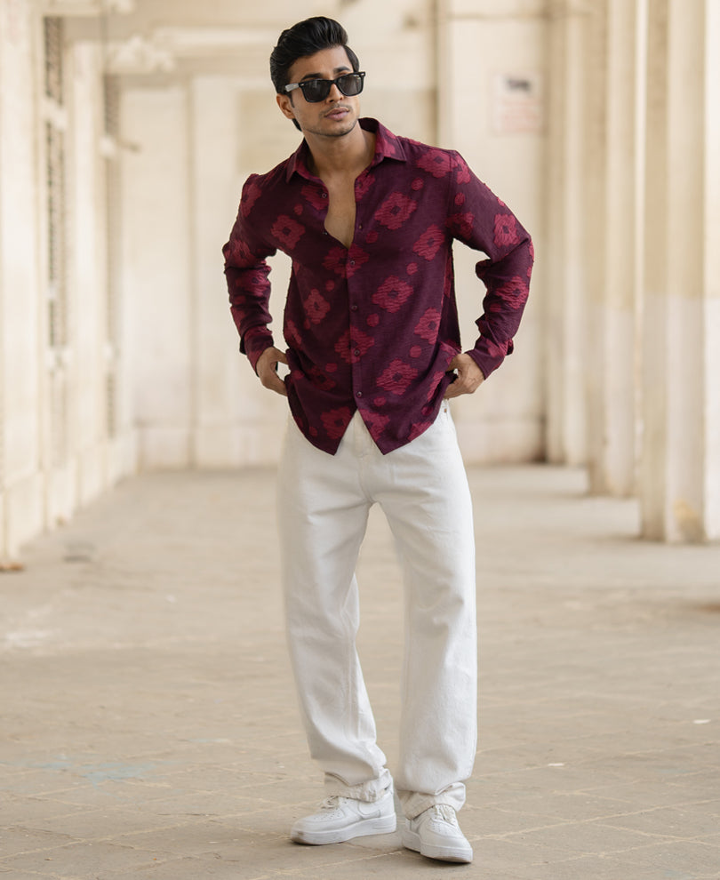 Wine Geometric Jacquard Shirt