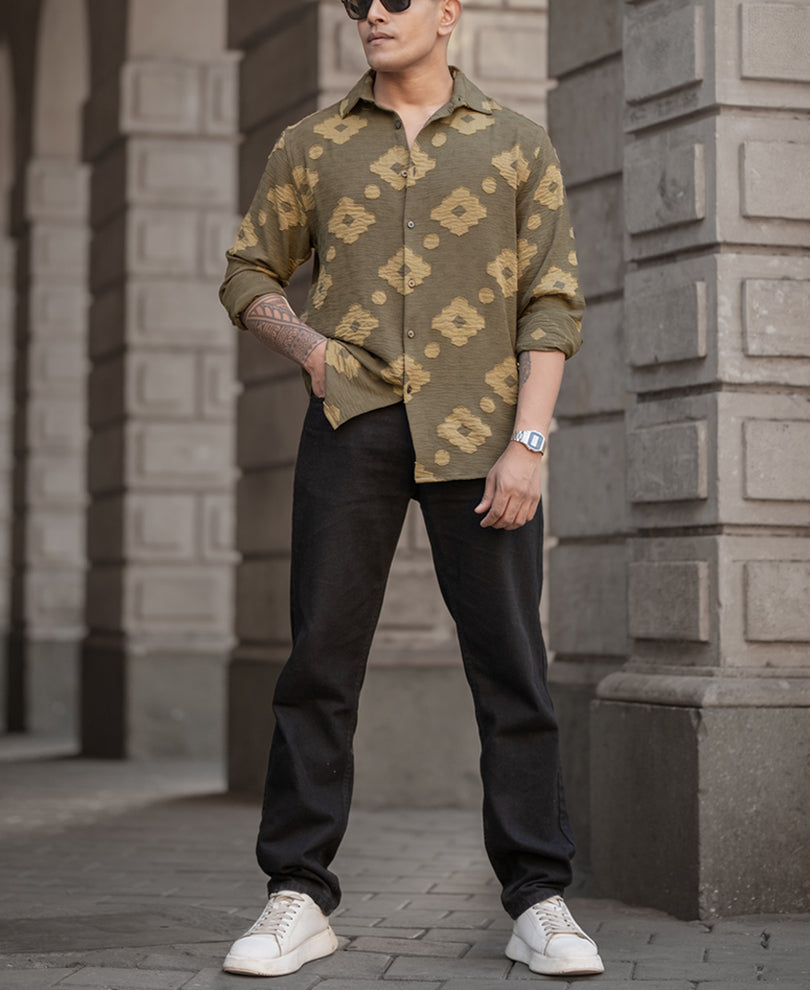 Olive Geometric Jacquard Shirt