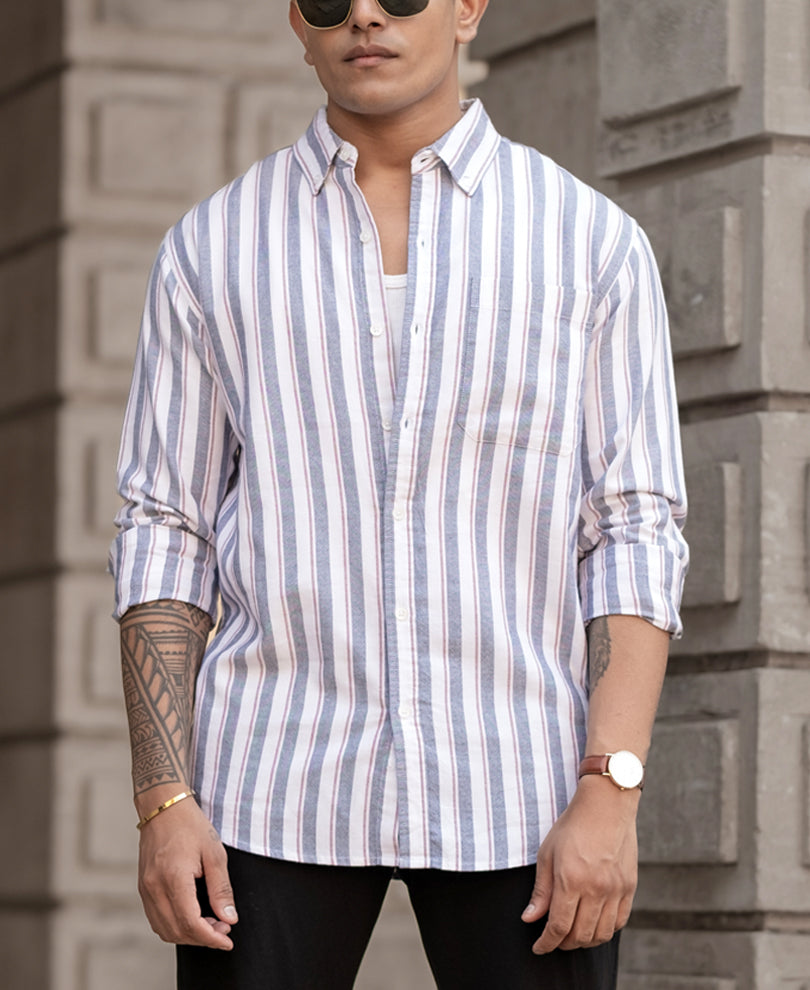 Navy Lightweight Cotton Stripe Shirt