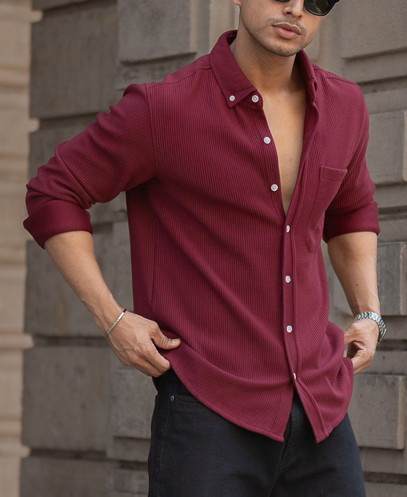 Maroon Corduroy Regular Full Sleeves Shirt