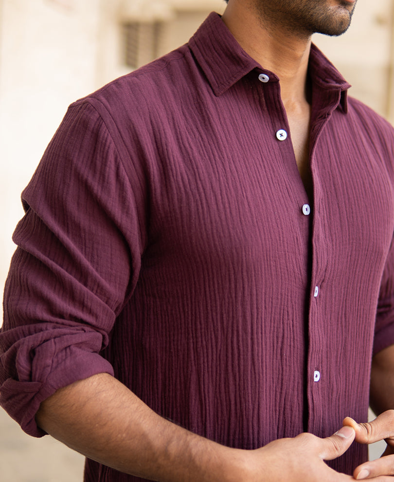 Wine Regular Fit Full Sleeves Structured Shirt