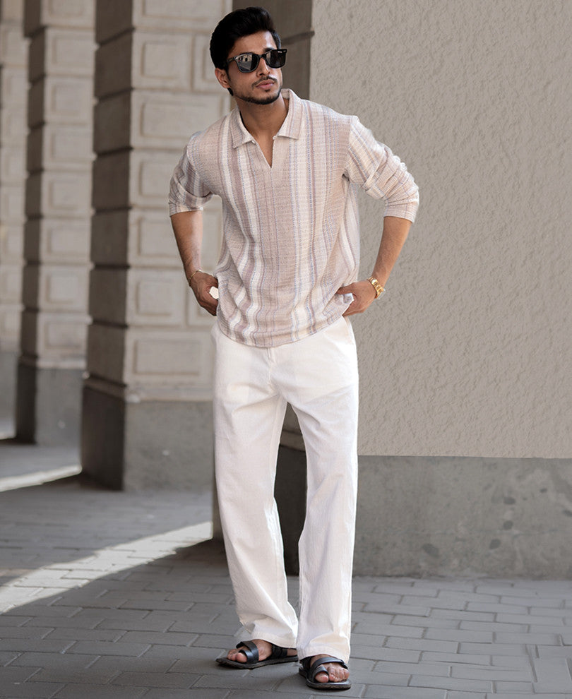 Beige Structured Regular Fit Full Sleeves T-Shirt