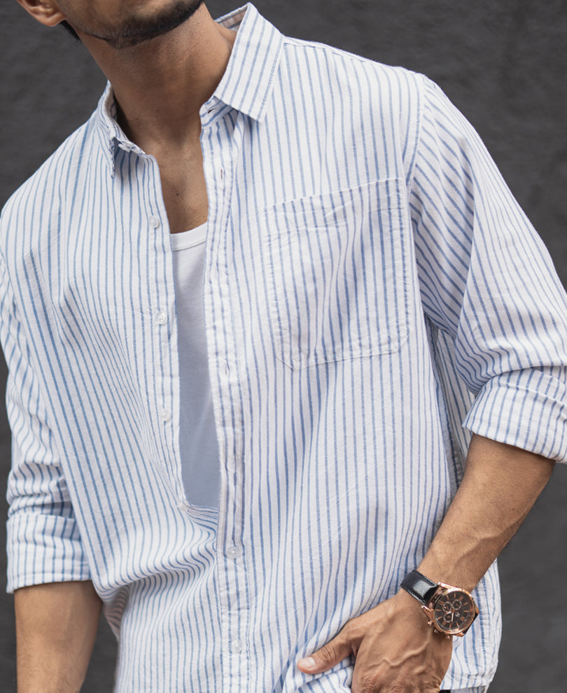 White And Sky Blue Stripes Regular Fit Full Sleeves Shirt