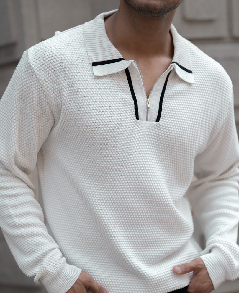 White Regular Fit Full Sleeves Collar T-Shirt