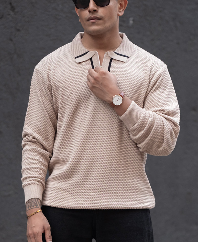 Beige Regular Fit Full Sleeves Polo T-Shirt