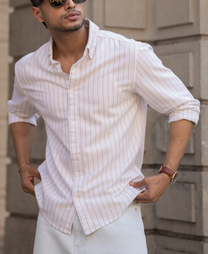 White And Maroon Striped Regular Fit Full Sleeves Shirt