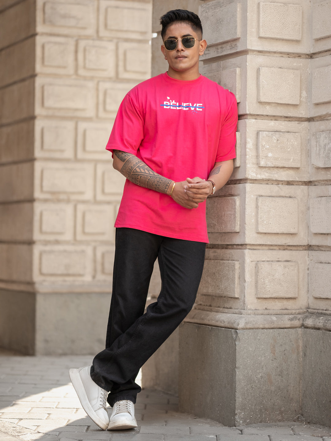 Pink Printed Oversized Half Sleeves T-Shirt