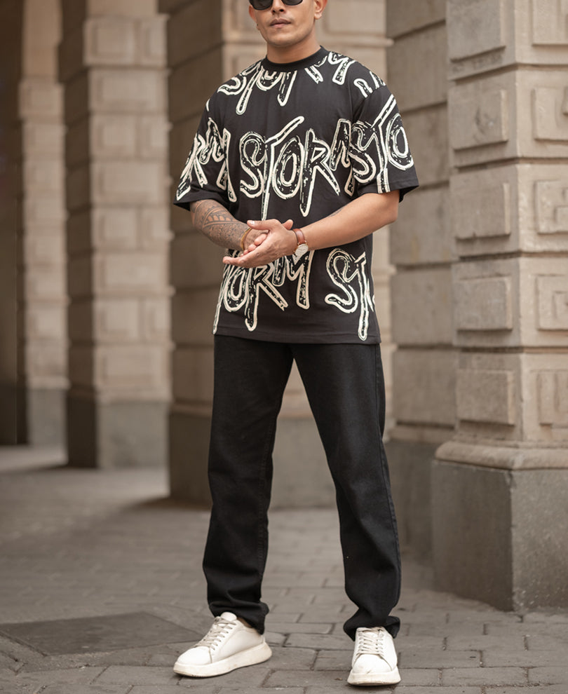 Black Storm Printed Oversized Half Sleeves T-Shirt