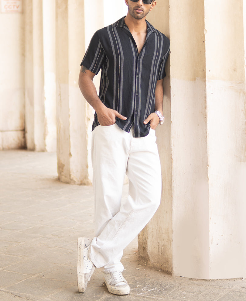 Black Micro Striped Flowy Shirt