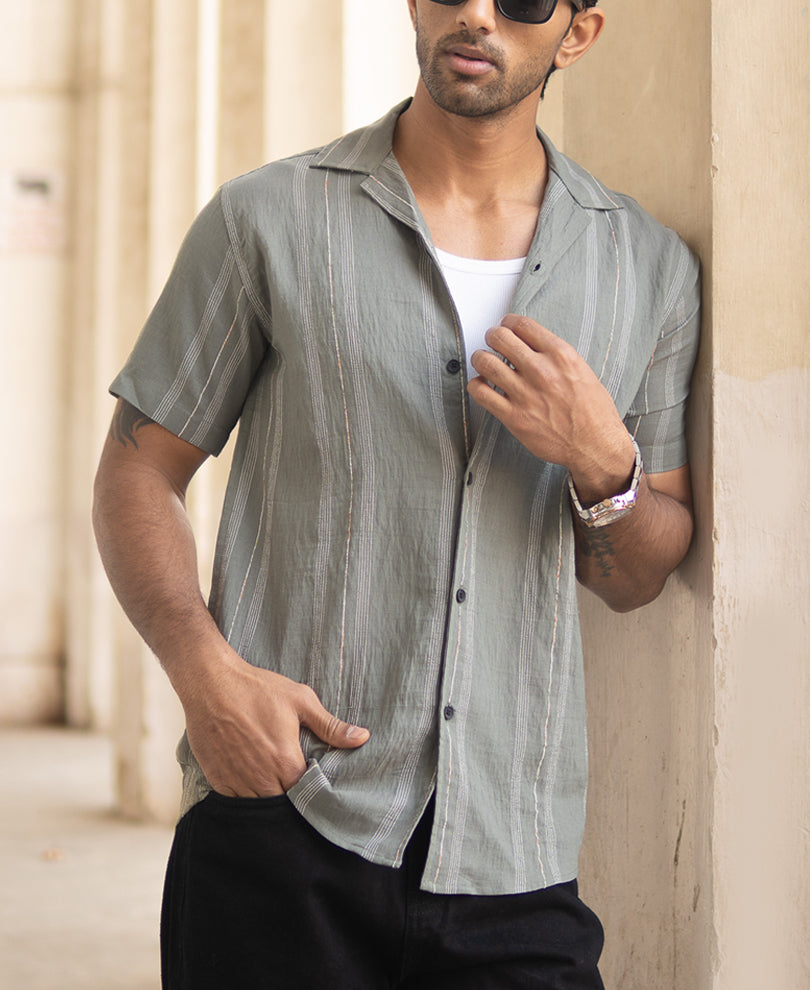 Green Micro Striped Flowy Shirt