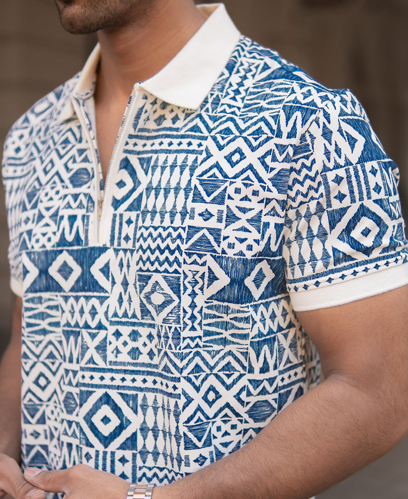 Blue Geometric Print Polo T-Shirt