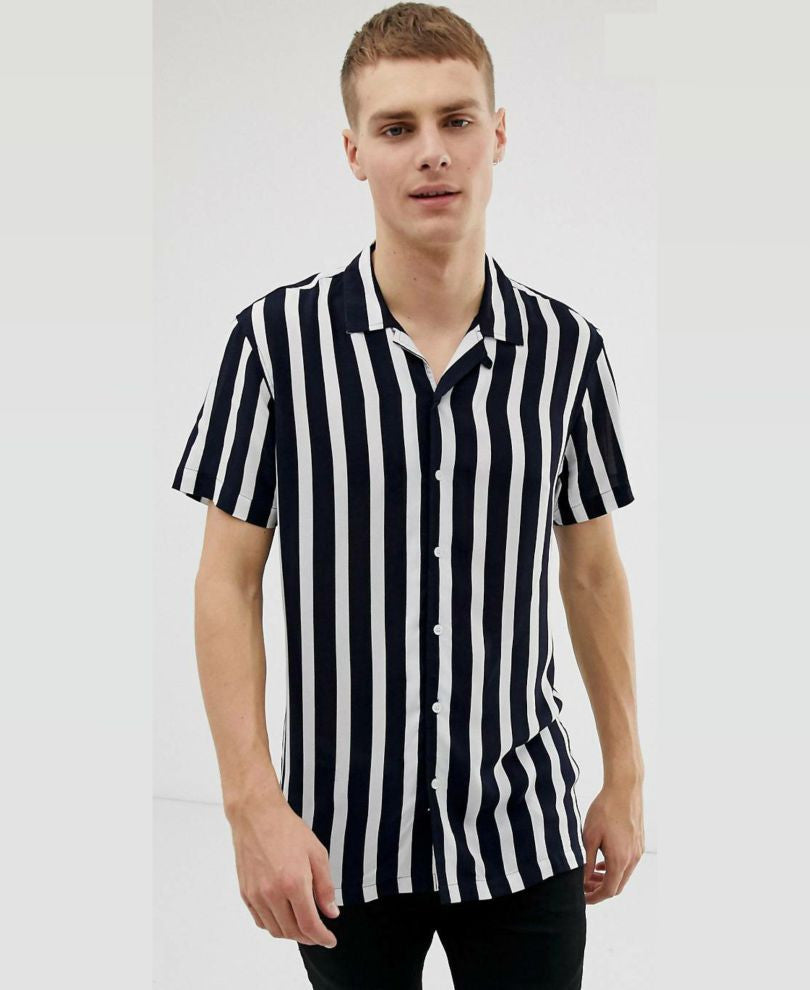 Navy Blue And White Stripes Print Half Sleeves Shirt