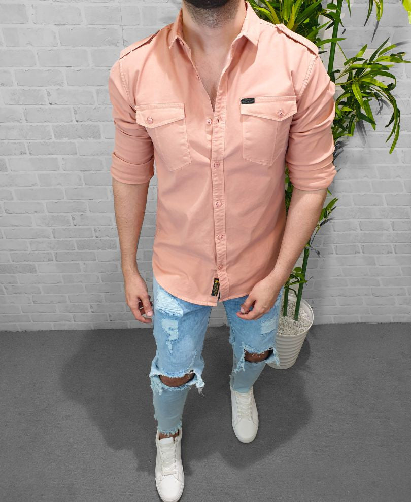 Pink Plain Denim Shirt