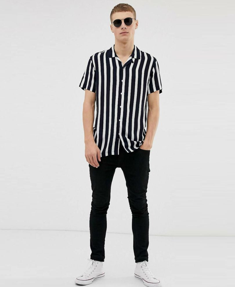Navy Blue And White Stripes Print Half Sleeves Shirt