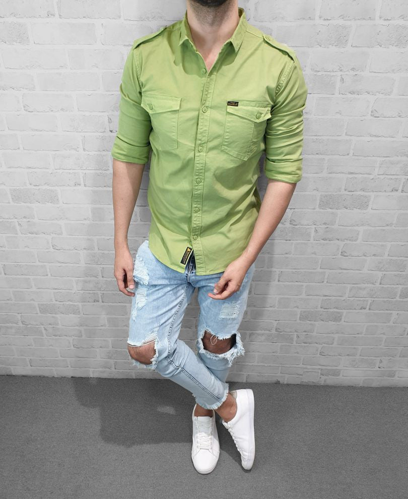 Light Green Plain Denim Shirt