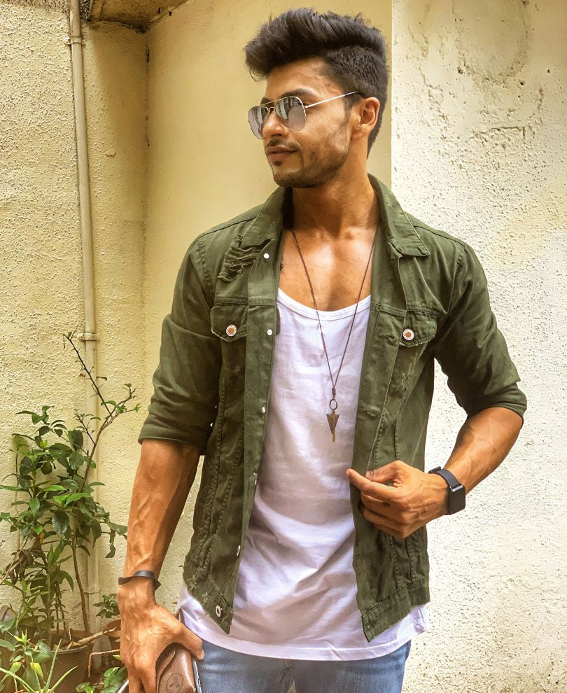 Olive Green Ripped Denim Jacket