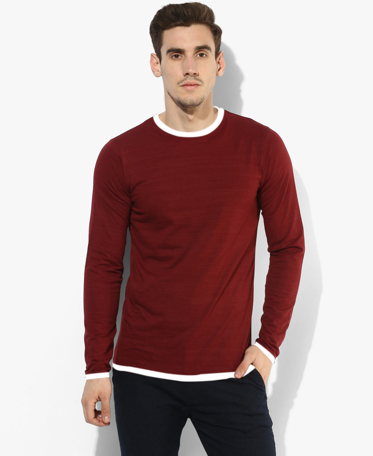Maroon Round Neck Full Sleeves T-Shirt
