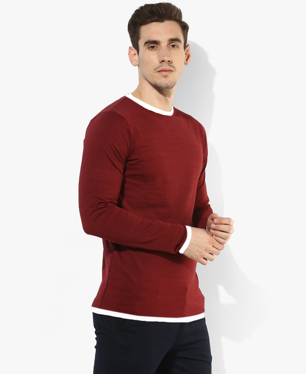 Maroon Round Neck Full Sleeves T-Shirt
