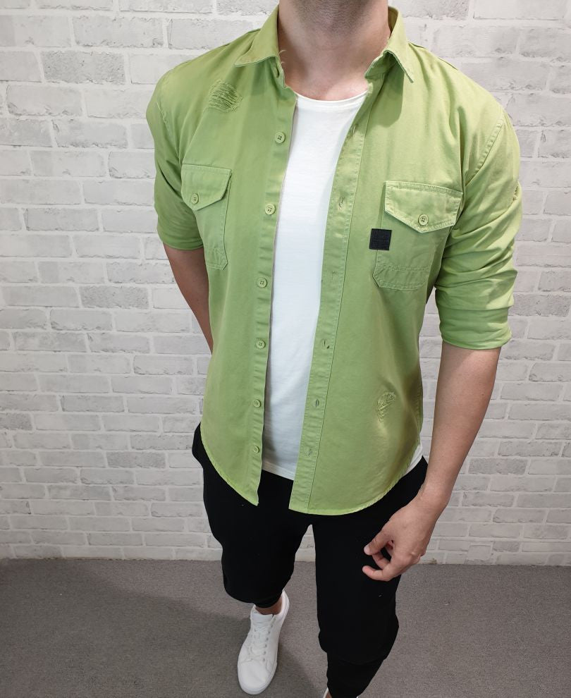 Urban Green Ripped Denim Casual Shirt