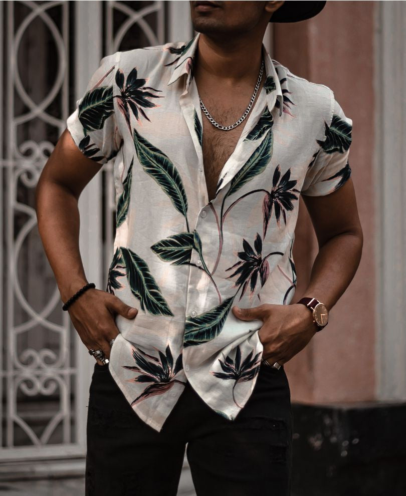 Urban White Flower and Leaf Printed Half Sleeves Shirt