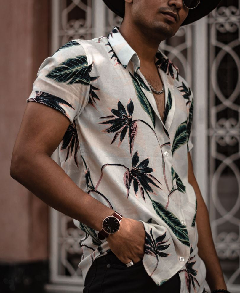 Urban White Flower and Leaf Printed Half Sleeves Shirt
