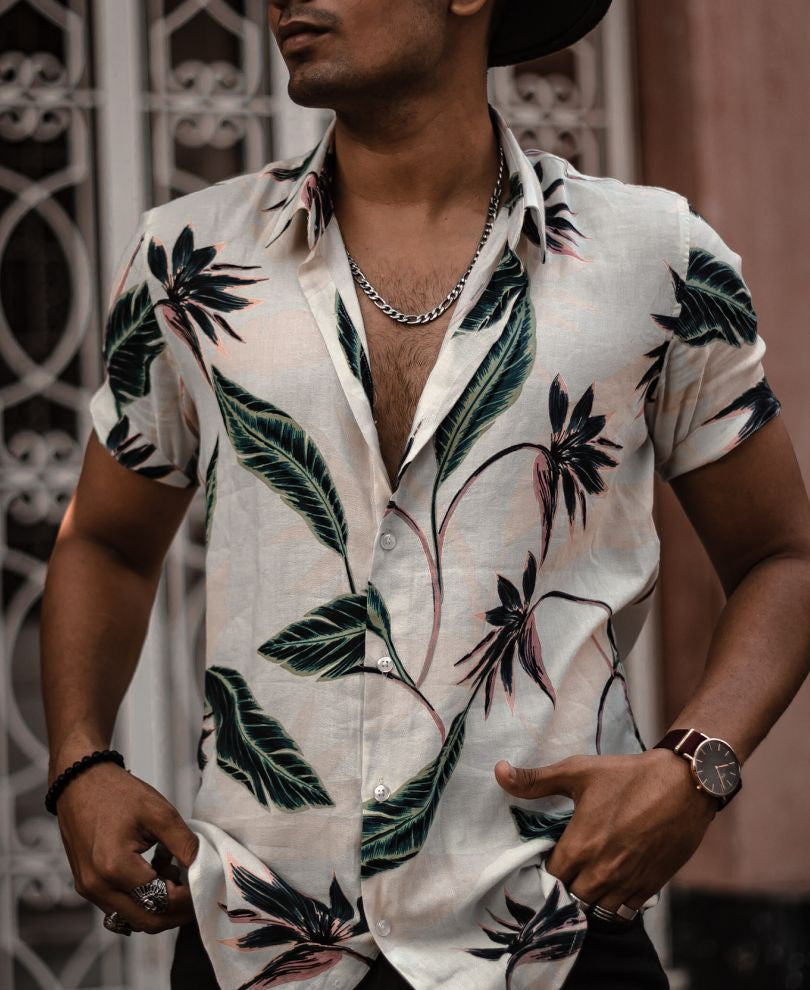 Urban White Flower and Leaf Printed Half Sleeves Shirt