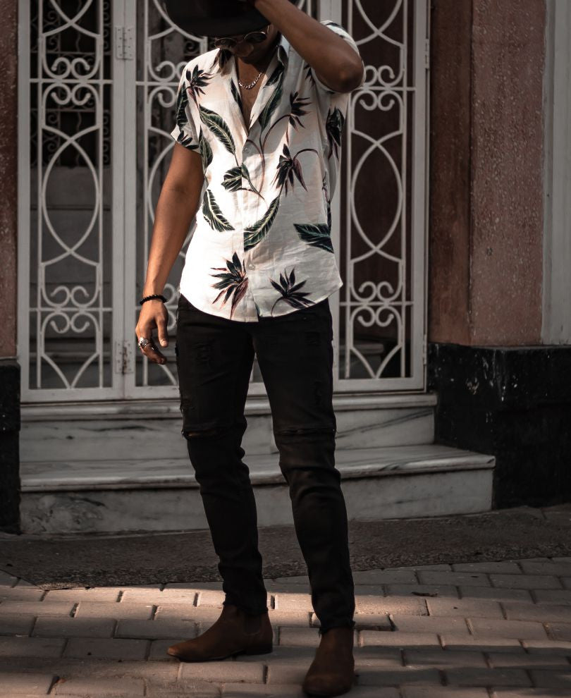 Urban White Flower and Leaf Printed Half Sleeves Shirt