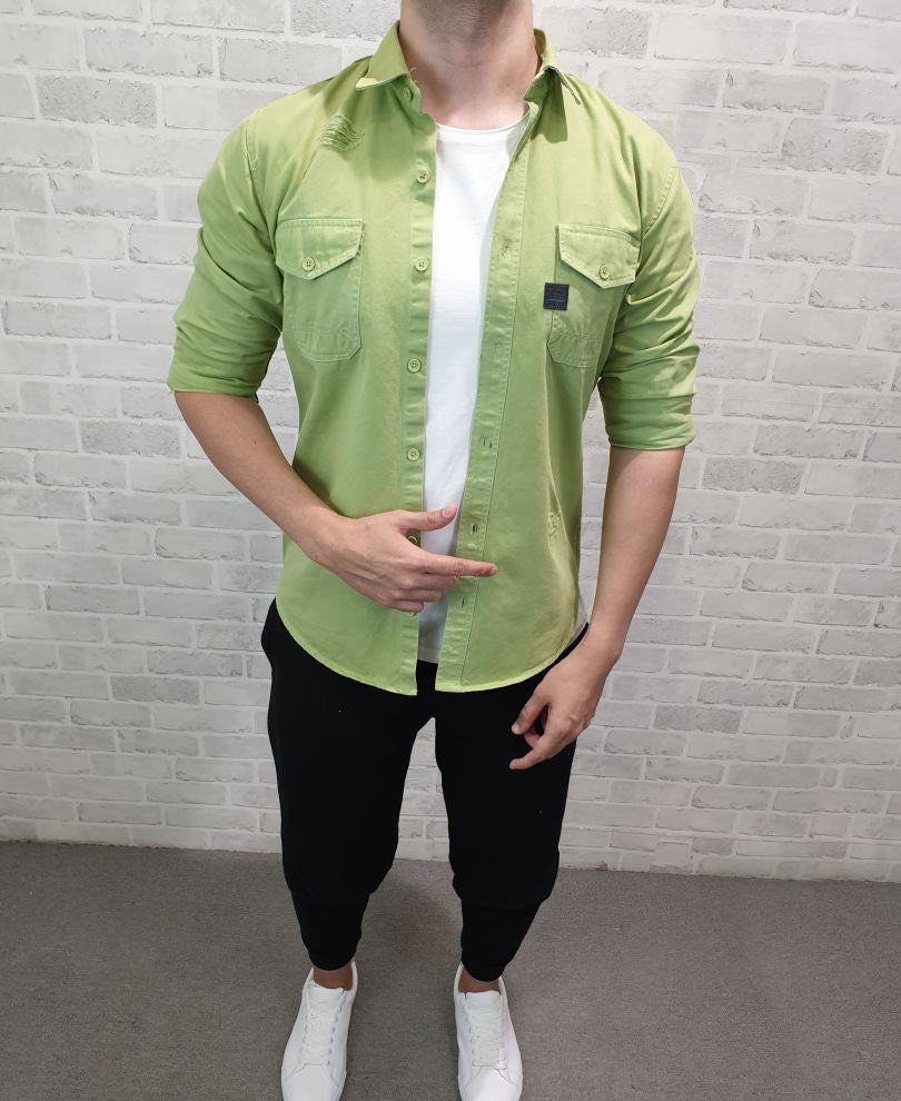 Urban Green Ripped Denim Casual Shirt