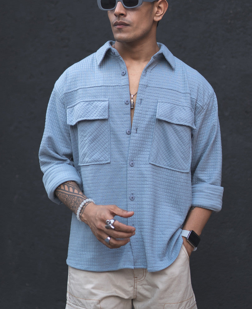 Sky Grey Structured Knit Shacket Oversized Shirt