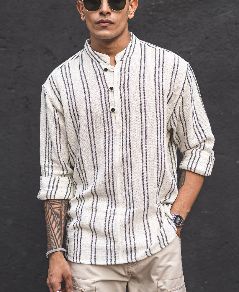 Cream and Black Structured Striped Kurta Style Oversized Shirt