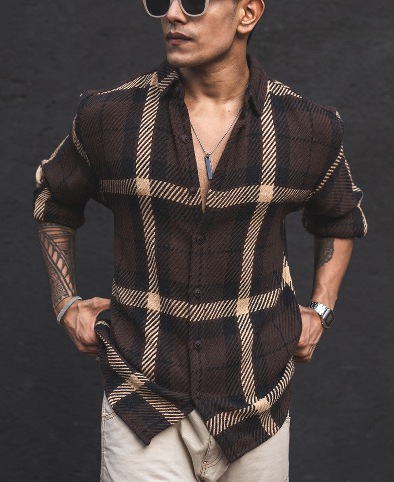 Dark Brown and Beige Flannel Checks Oversized Shirt