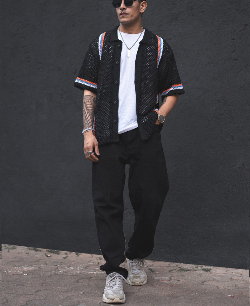 Black Crochet Knit Striped Oversized Shirt