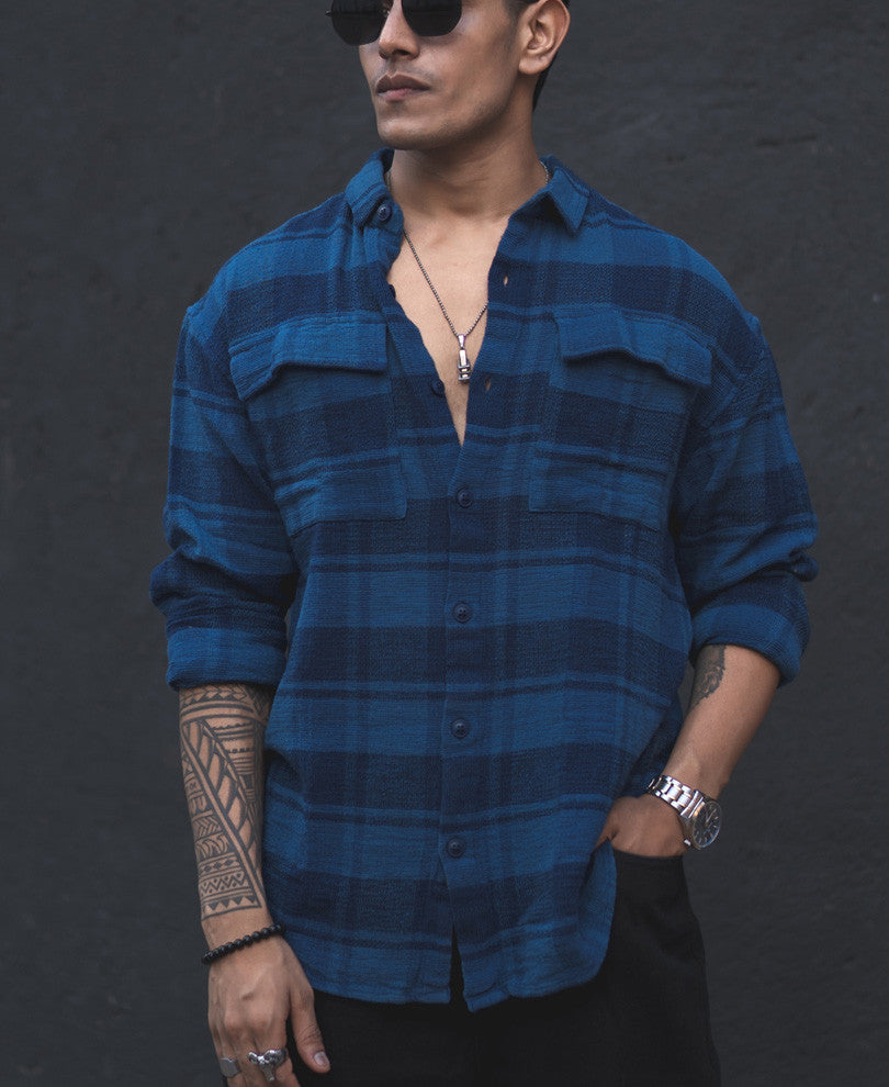 Blue Structured Checks Shacket Oversized Shirt